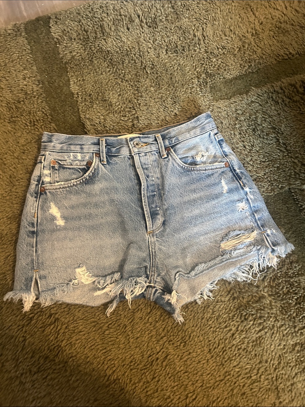 Agolde Light Blue Distressed Denim Cutoff Shorts